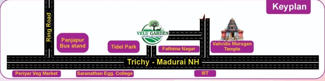 Key plan showing Velu Garden near Panjappur bus stand, Tidel Park, Ring Road and Trichy–Madurai NH