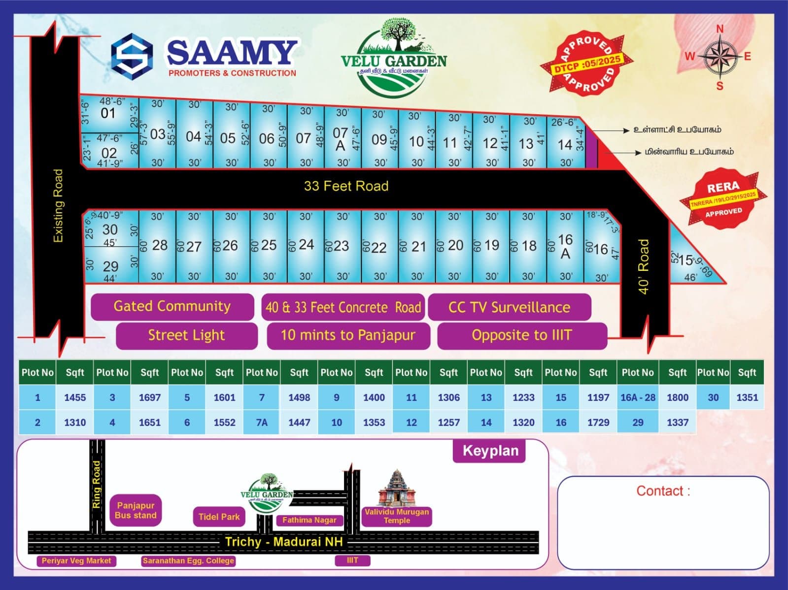 Velu Garden approved layout with plot numbers, dimensions and sizes